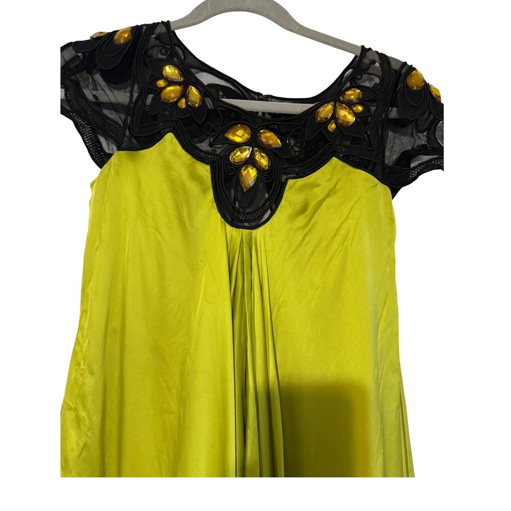 Temperley London Mango Lime Green Silk Embellished Mesh Yoke Handkerchief Dress